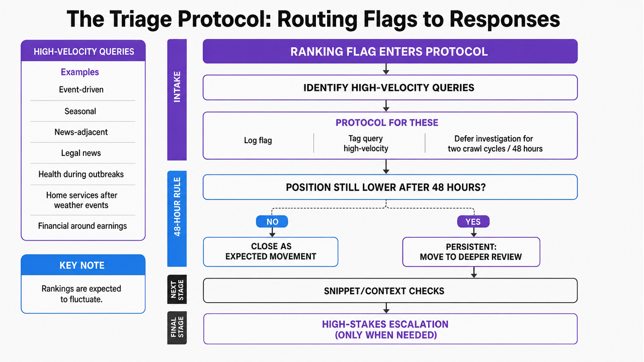 Diagram the decision flow from ranking flag to response, supporting the triage protocol subsections (48-hour rule, snippet/context checks, high-stakes escalation)