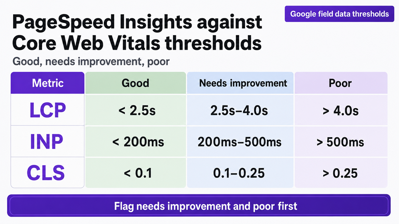 Reinforce the exact Core Web Vitals thresholds (LCP < 2.5s, INP < 200ms, CLS < 0.1) cited in the section prose, showing the good/needs improvement/poor bands per Google