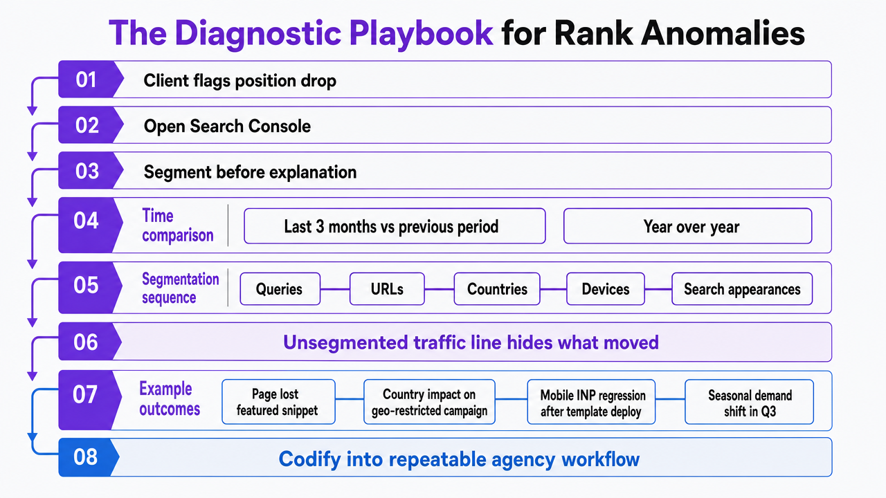 Visualize Google's prescribed segmentation sequence as a repeatable agency escalation workflow, directly supporting the section's cited diagnostic steps