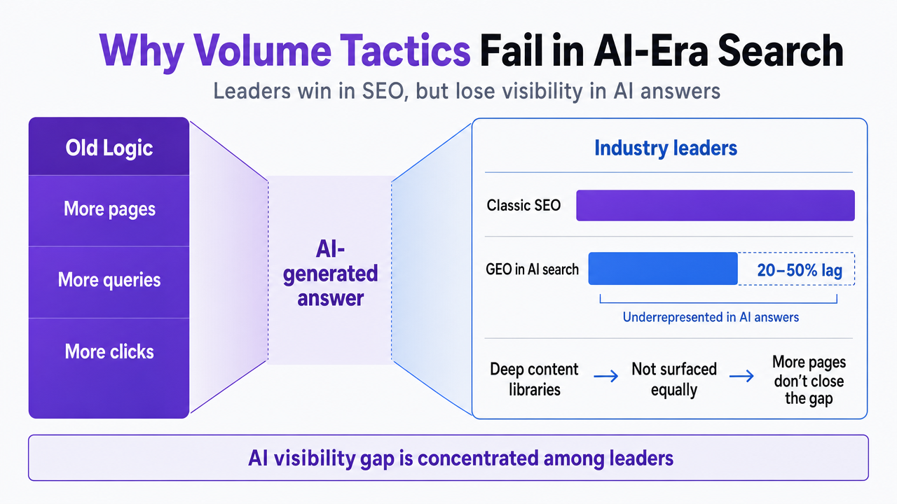 Visualize the McKinsey finding that industry leaders' GEO performance lags SEO by 20-50%, directly supporting the section's core argument about the AI-era visibility gap