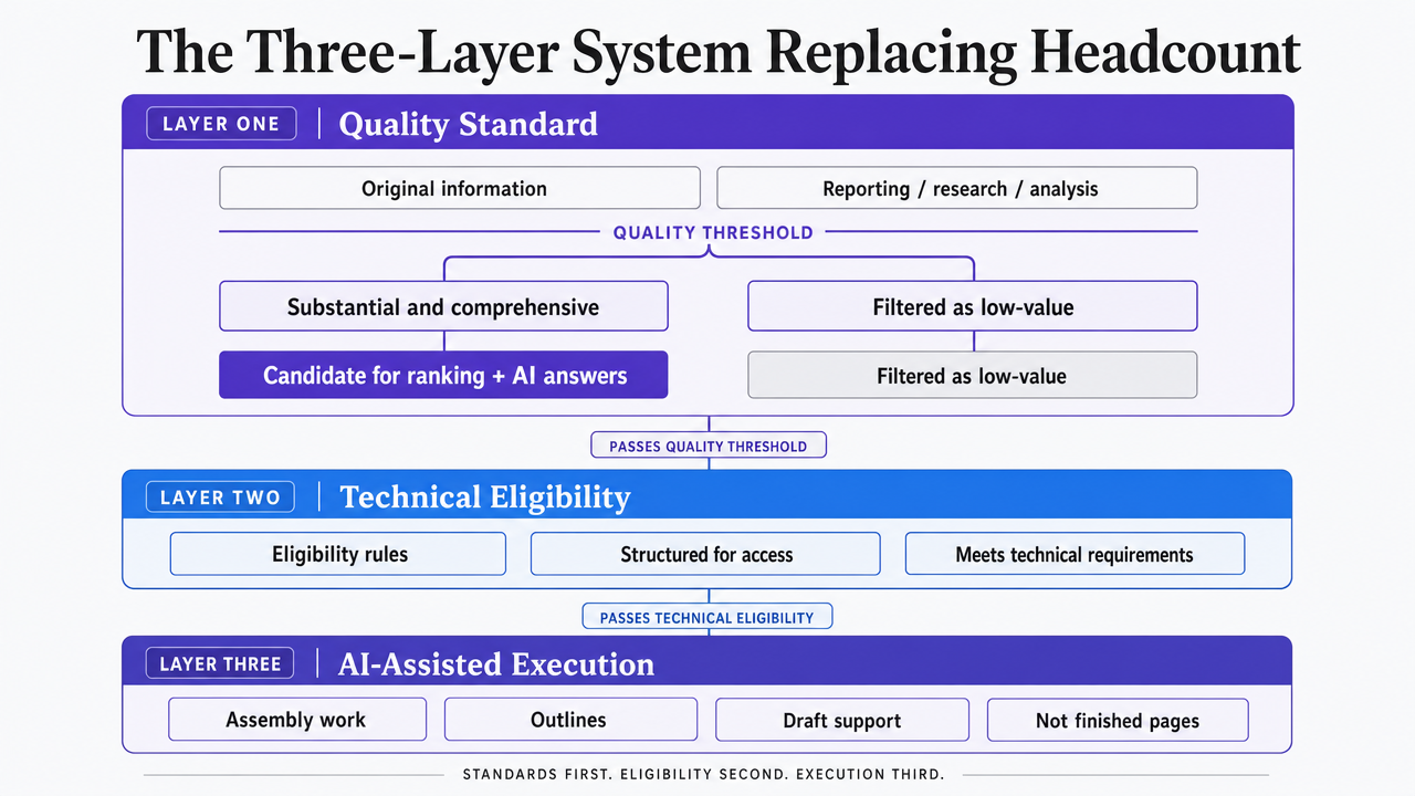 Visualize the three-layer operating model that structures the entire article's central framework, showing how quality standards, technical eligibility, and AI-assisted execution stack together