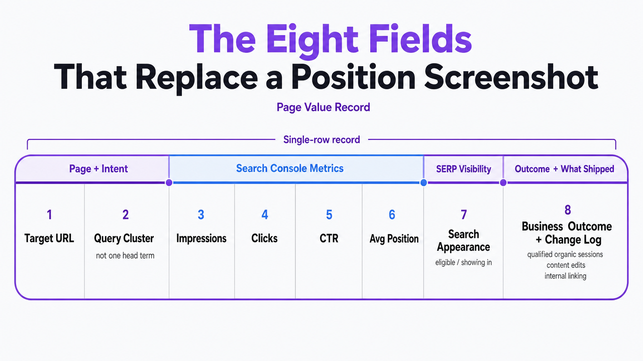 Visualize the eight fields of the Page Value Record as a single reporting unit referenced throughout the article