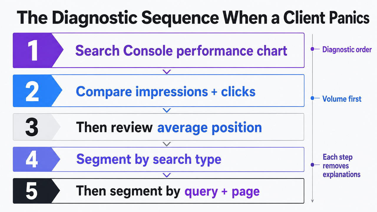 Visualize Google's documented diagnostic order of operations cited from ref_1 and ref_2