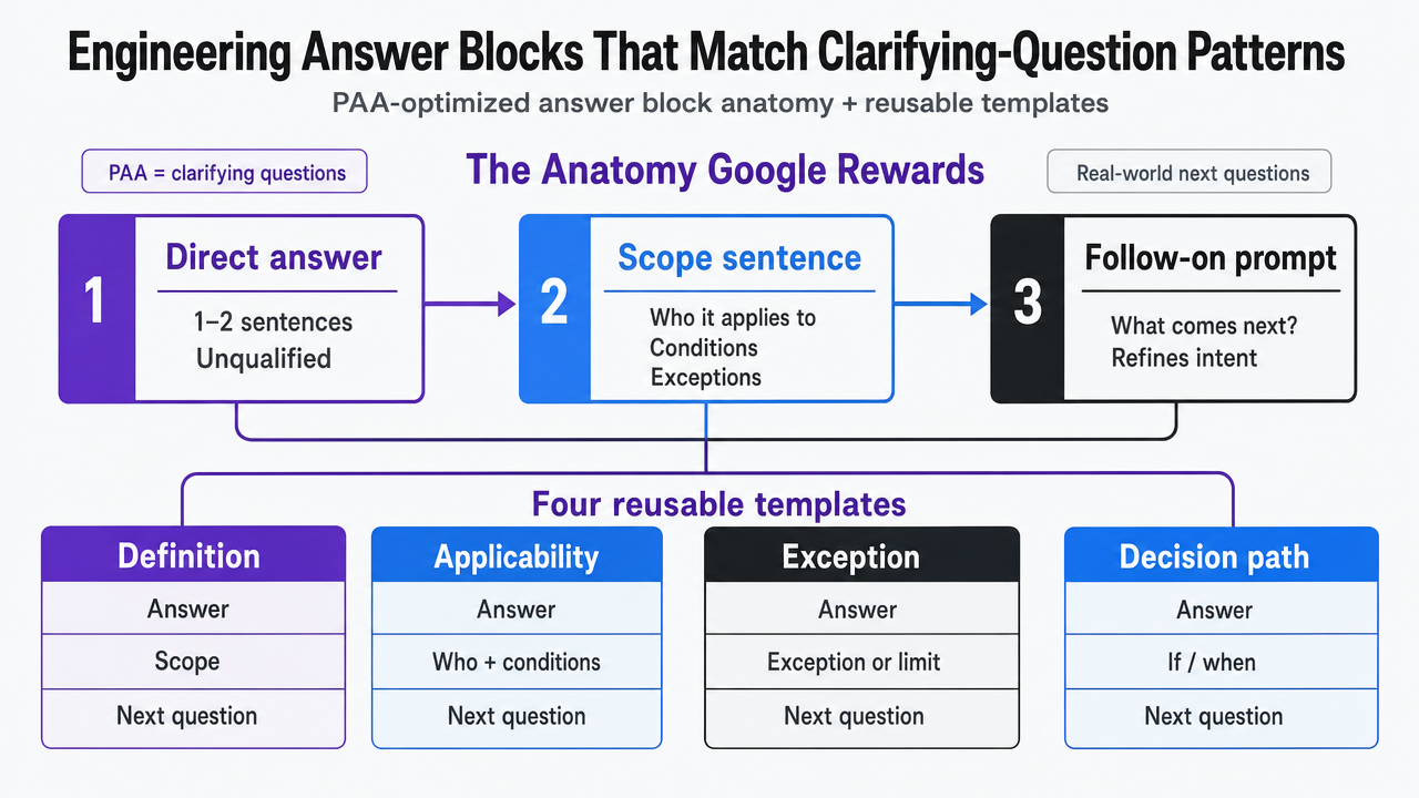 Illustrate the three-part anatomy of a PAA-optimized answer block and the four reusable templates, both directly explained in the section