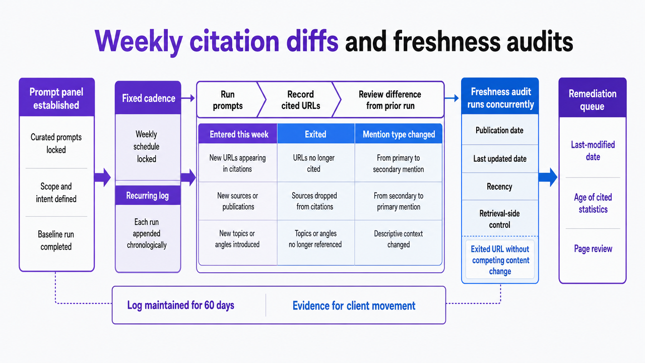 Process infographic visualizing the weekly agency workflow described in the section: prompt panel run, citation diff, freshness audit, and remediation queue