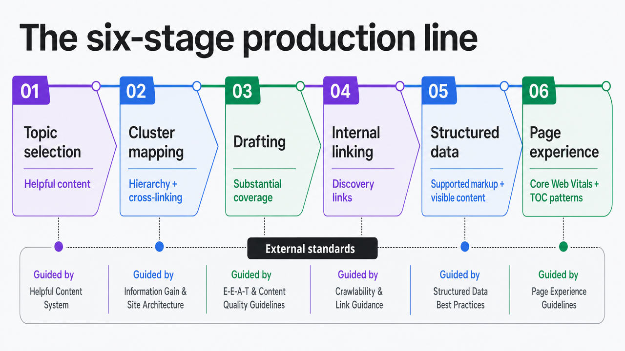 Visualize the six-stage pillar page production line that structures the entire article, giving readers an anchor diagram they can reference across sections