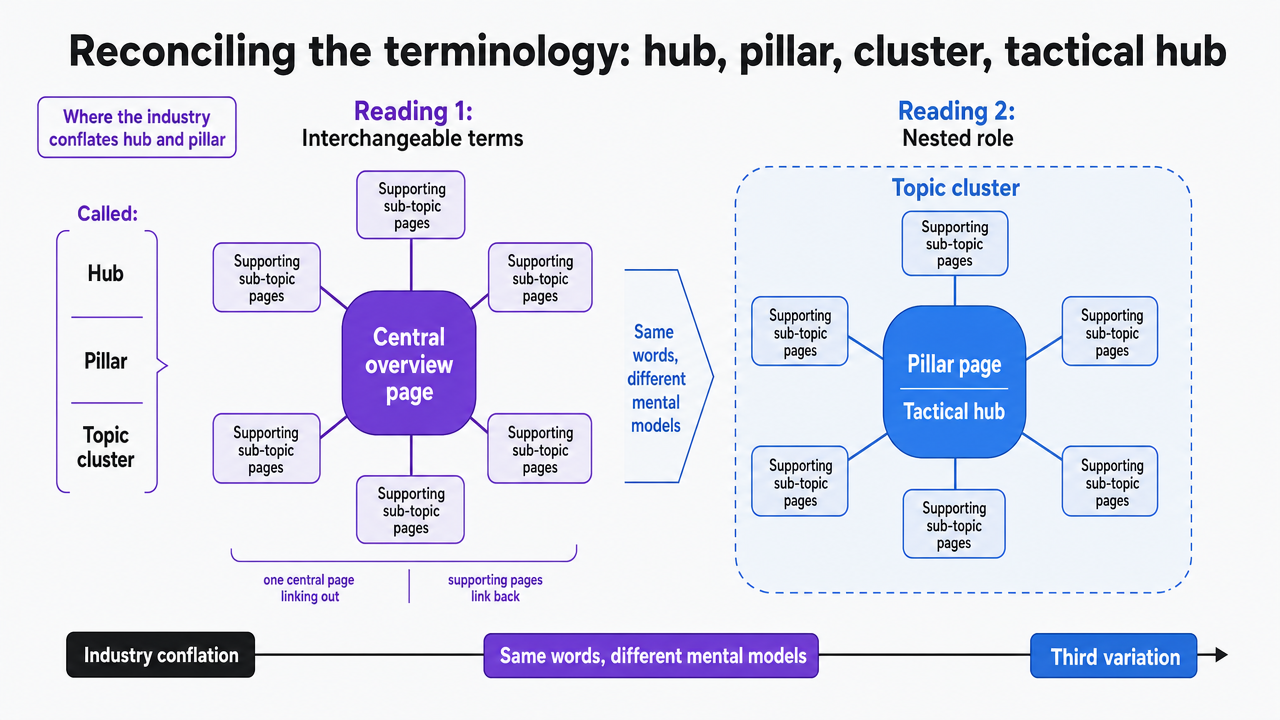 Clarify the terminology comparison the section makes between hub, pillar, cluster, and tactical hub by visualizing the two competing geometric readings