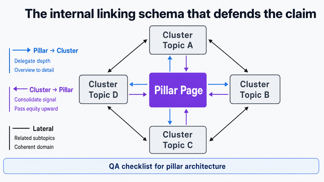 Visualize the three-directional linking schema (pillar-to-cluster, cluster-to-pillar, lateral) that this section defines as the QA checklist for pillar architecture