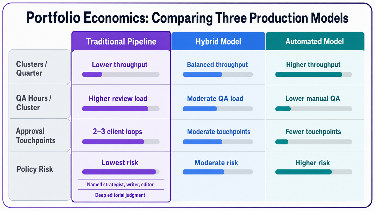 Render the comparison table from the section as a scannable visual comparison of three production models across four operational variables