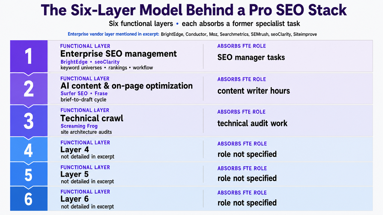 Visualize the six functional stack layers and the FTE role each absorbs, supporting the section's core framework