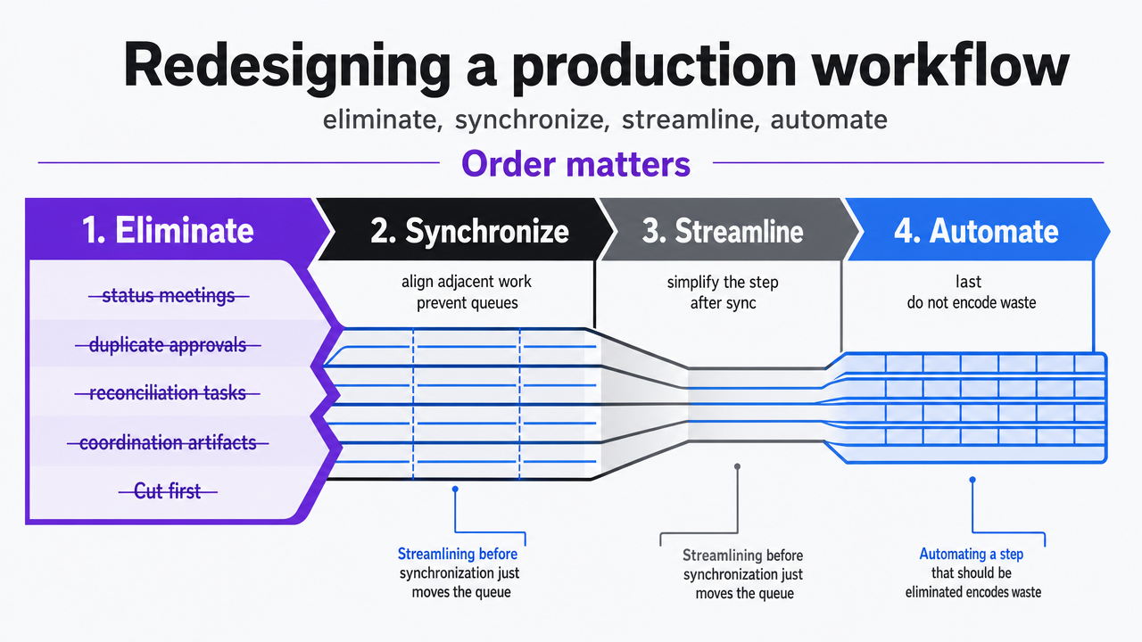 Visualize McKinsey's four-step redesign framework in the sequence the section emphasizes, since order matters to the argument