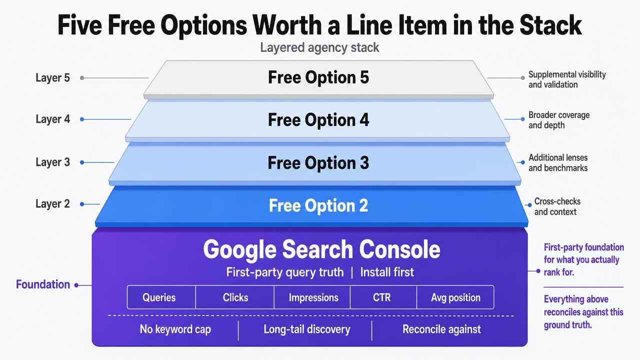 Visualize the five free rank-tracking options as a layered agency stack, matching the section's explicit list of tools and their roles