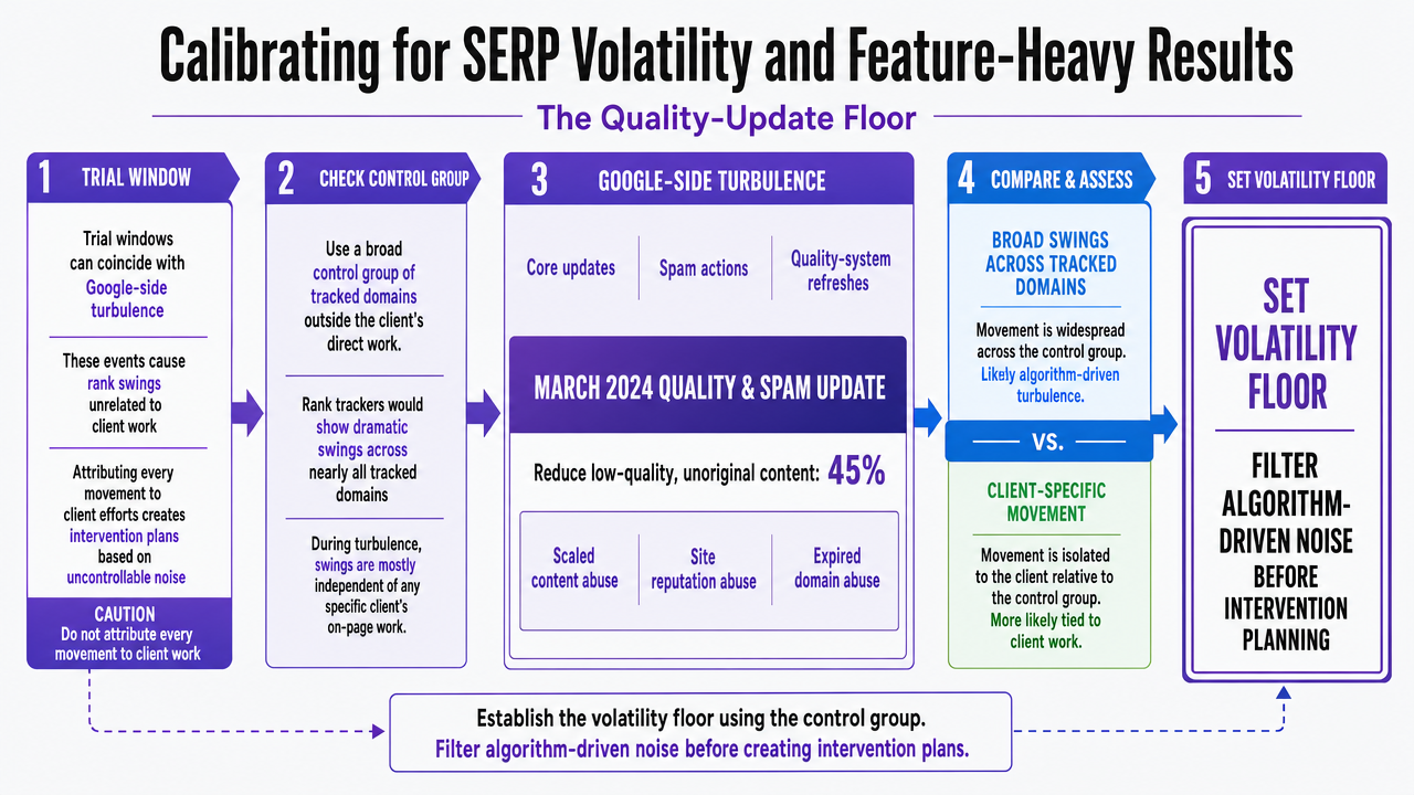 Visualize the volatility floor calibration workflow using a control group, supporting the section's cited operational rule for filtering algorithm-driven noise