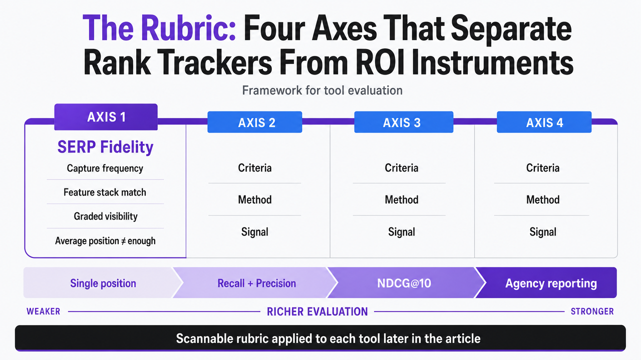 Visualize the four evaluation axes introduced in this section as a framework diagram, giving readers a scannable reference for the rubric applied to each tool later in the article
