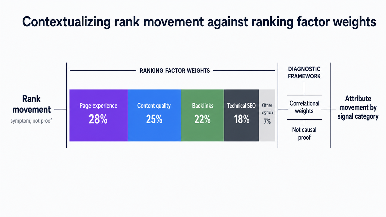 Show the correlational ranking factor weights from the 2025 study cited in this section (28/25/22/18), directly supporting the diagnostic framework discussed