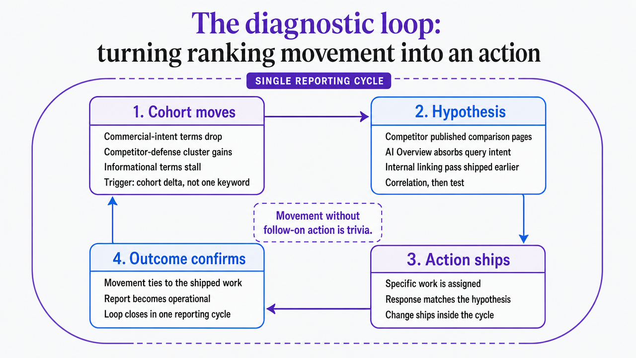 Visualize the four-step diagnostic loop (cohort moves, hypothesis, action ships, outcome confirms) as a closed cycle that fits within a single reporting cycle