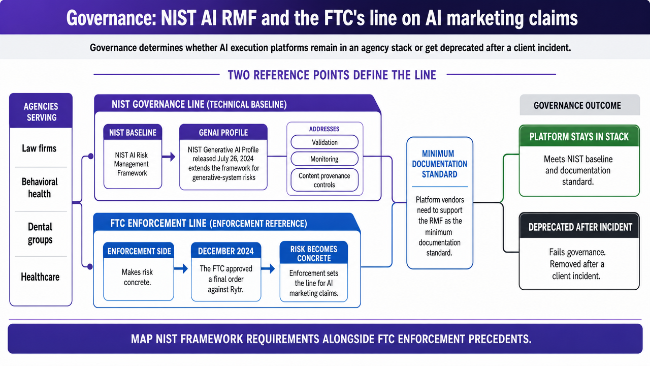 Visualize the governance checklist and enforcement line described in the section, mapping NIST framework requirements alongside FTC enforcement precedents