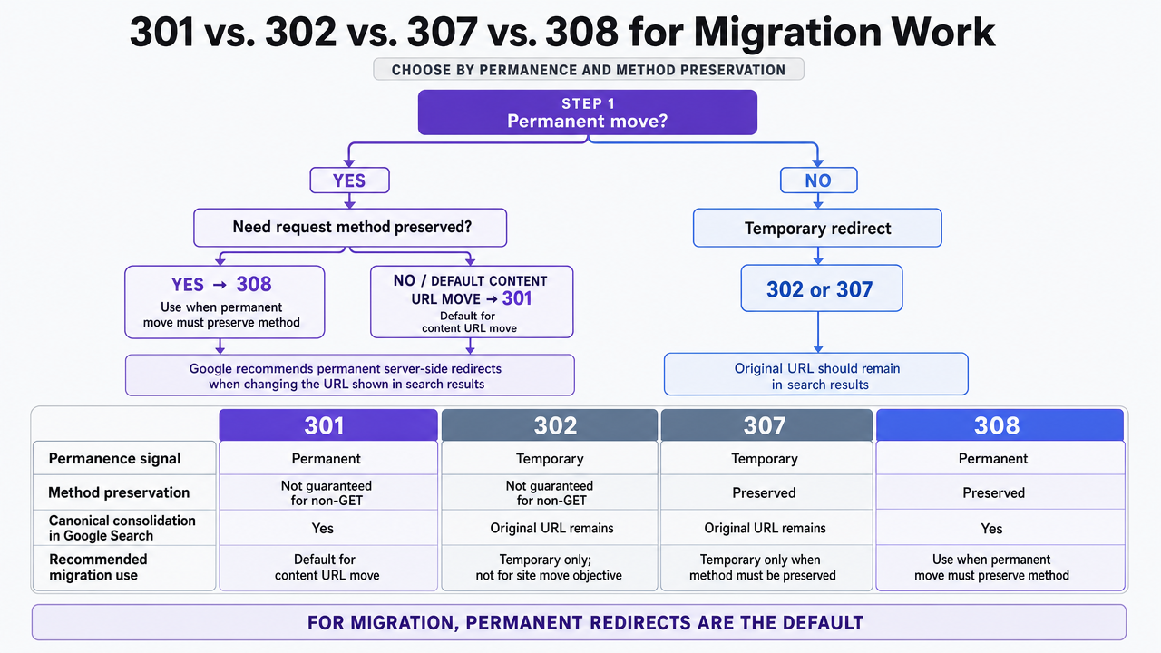 Visualize the section's comparison table of HTTP redirect status codes to help readers quickly distinguish which code to use for which migration scenario