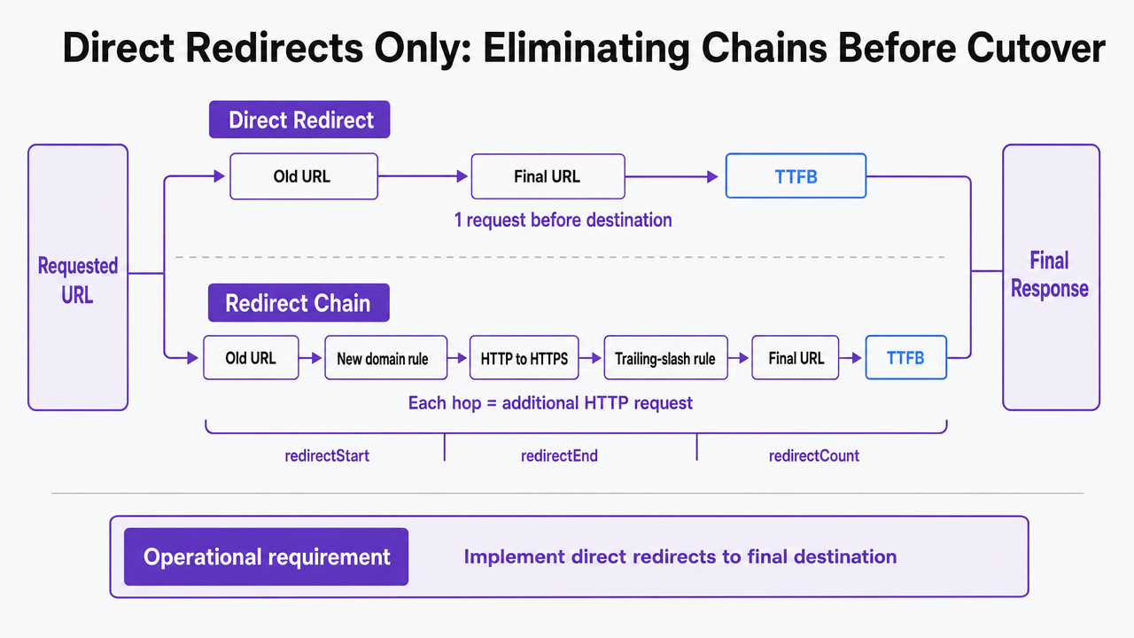 Illustrate the process-oriented cost of redirect chains referenced in the section, showing how each additional hop adds a round trip before TTFB
