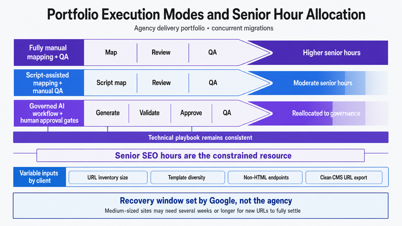 Visualize the section's operating model comparing three portfolio execution modes and how senior SEO hours are reallocated across them