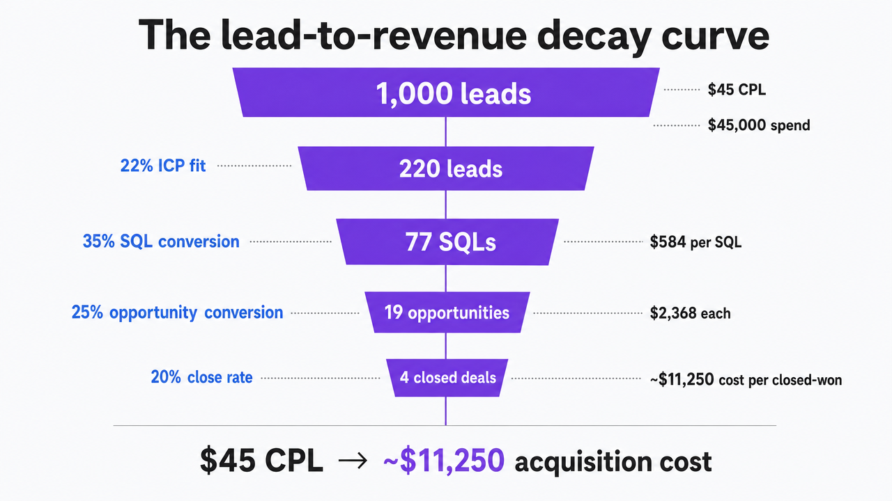 Show the worked decay example from the section, illustrating how a $45 CPL and 1,000 leads compresses to 4 closed deals at ~$11,250 cost per closed-won