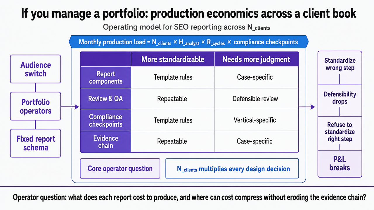 Translate the section's production-components table into a visual matrix showing which report components are standardizable versus judgment-based, directly reinforcing the operating model discussed