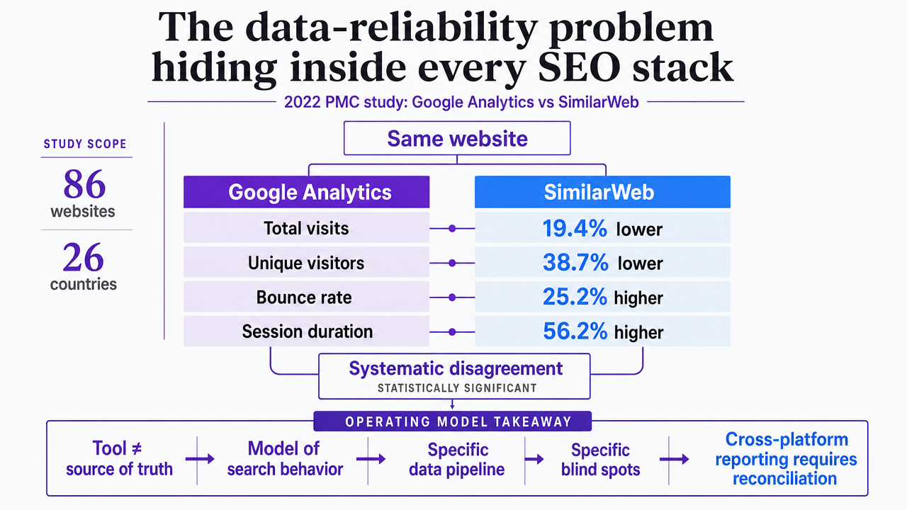 Visualize the statistically significant measurement gaps between Google Analytics and SimilarWeb reported in the 2022 PMC study, which is the anchor evidence for this section