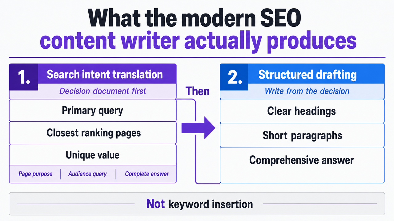 Visualize the two-function split of the modern SEO content writer role described in the section, showing the transition from search intent translation to structured drafting with their respective deliverables