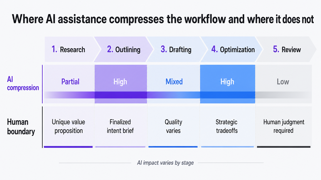 Provide a comparison matrix of the five workflow stages against AI compression potential, directly reinforcing the section's stage-by-stage analysis of where AI helps and where human judgment is required