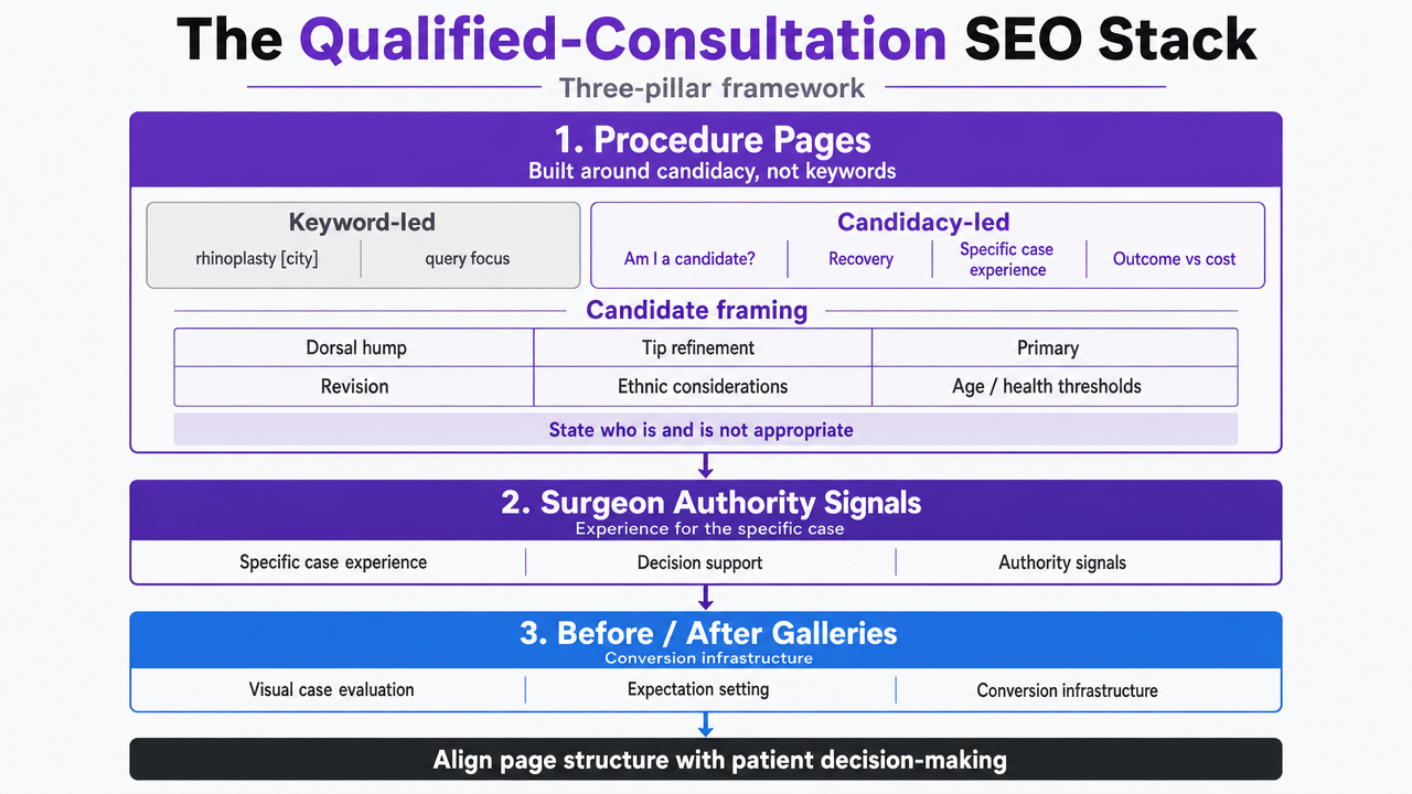 Visualize the three-pillar framework introduced in this section: procedure pages built on candidacy, surgeon authority signals, and before/after galleries as conversion infrastructure