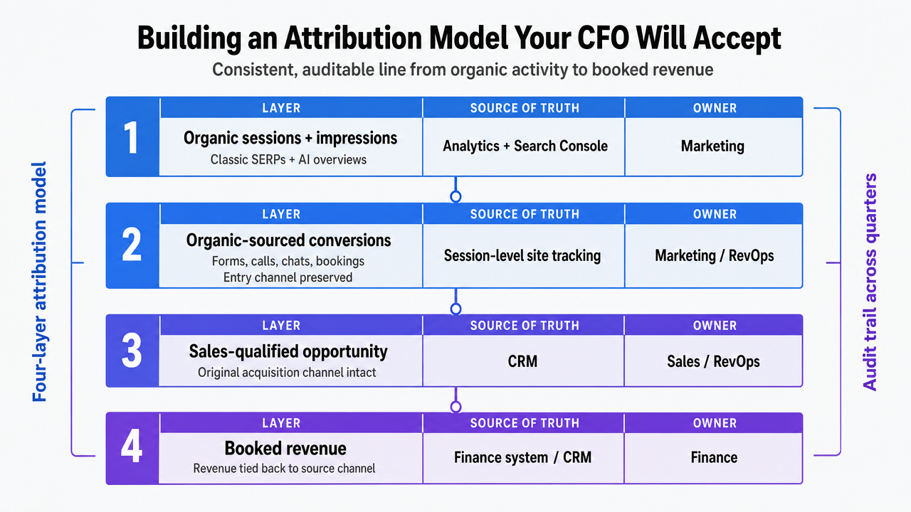 Visualize the four-layer attribution model described in the section, translating the written framework into a scannable process infographic that maps each layer to its data source and owner