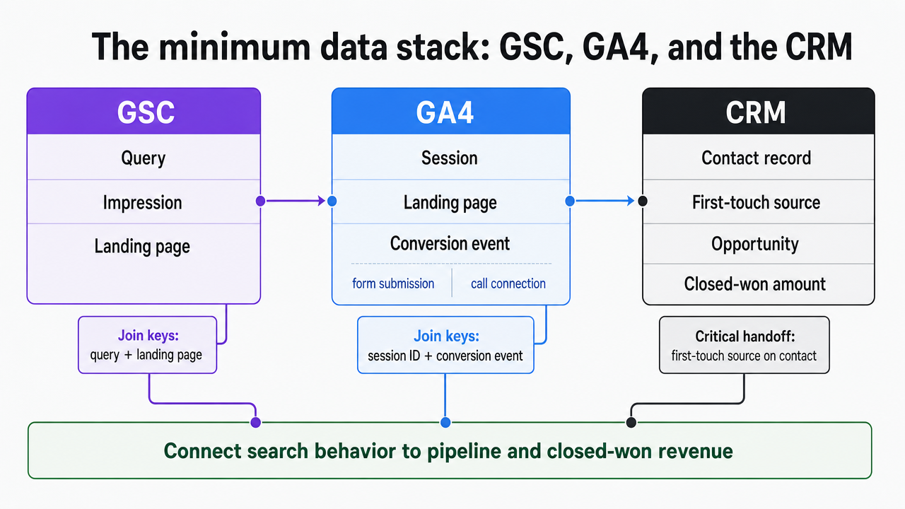 Visualize the three-system data stack and the join keys that flow between GSC, GA4, and the CRM to connect a query to closed-won revenue, directly supporting the section's argument