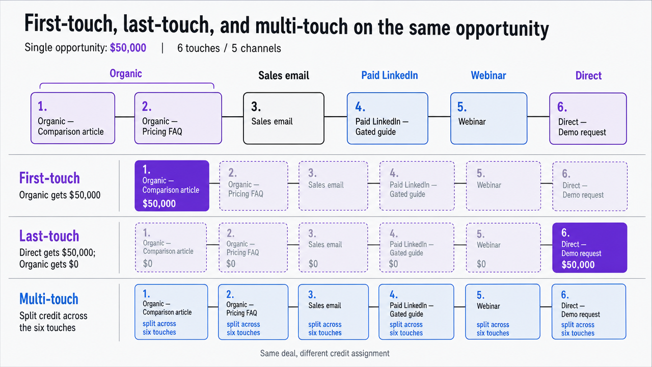Illustrate the section's worked example of a single $50,000 opportunity credited differently under three attribution models, making the accounting difference concrete for readers