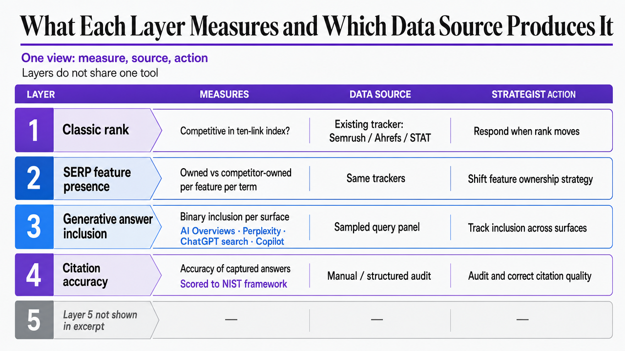 Map each of the five layers to its data source and the strategist action, as explicitly described in the section