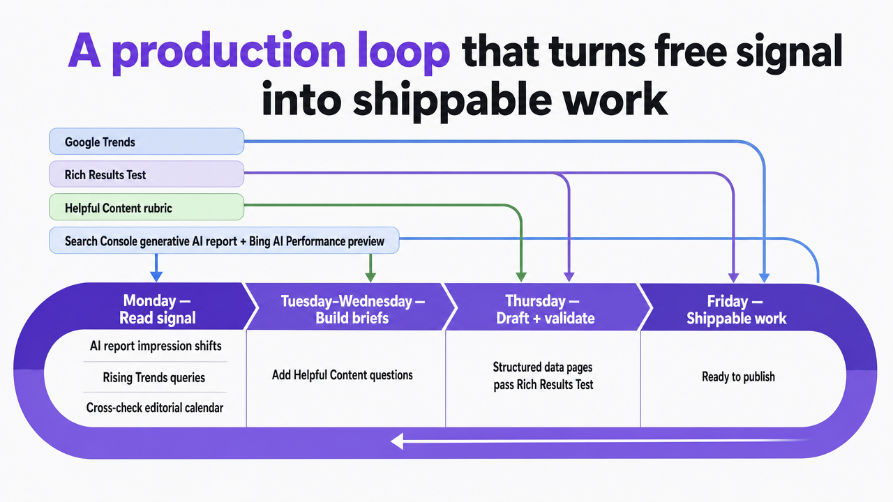 Visualize the weekly Monday-to-Friday production loop described in the section so readers can operationalize the free-tool stack