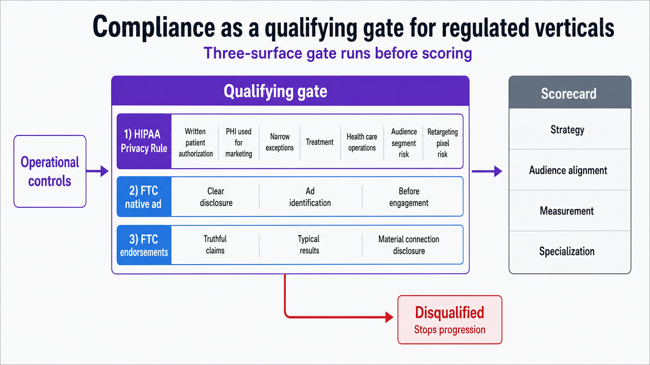 Visualize the three-surface compliance gate (HIPAA, FTC native ad, FTC endorsements) that runs before scoring, supporting this section's procedural framework