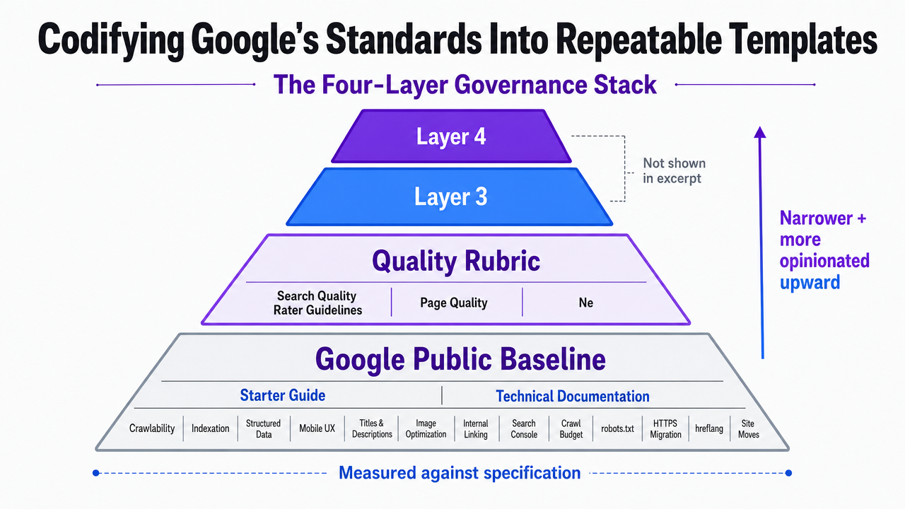 Visualize the four-layer governance stack described in the section, showing how each layer narrows and becomes more opinionated than the one beneath it