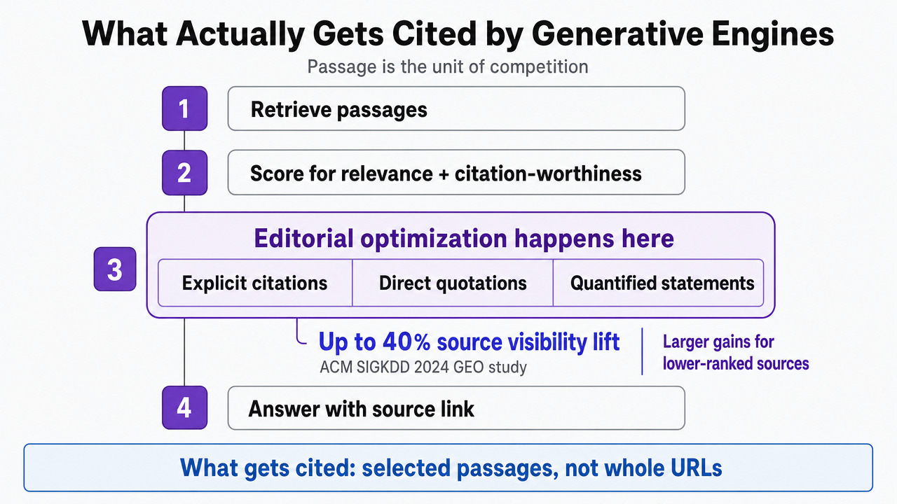 Visualize the three cited passage features (citations, direct quotations, quantified statements) from the ACM SIGKDD 2024 GEO study that produced the up-to-40% source-visibility lift referenced in the section prose