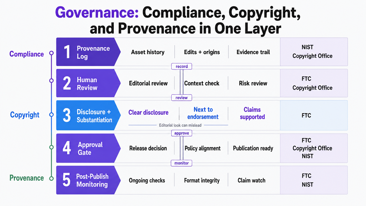 Show the stacked governance layers the section explicitly describes (provenance log, human review, disclosure and substantiation, approval gate, post-publish monitoring) each mapped to FTC, Copyright Office, and NIST sources cited in the prose