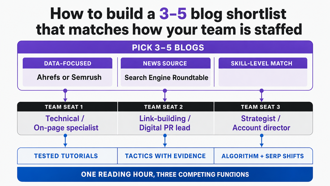 Visualize the three-bucket staffing model that structures the article's blog picks, mapping team seats to reading assignments