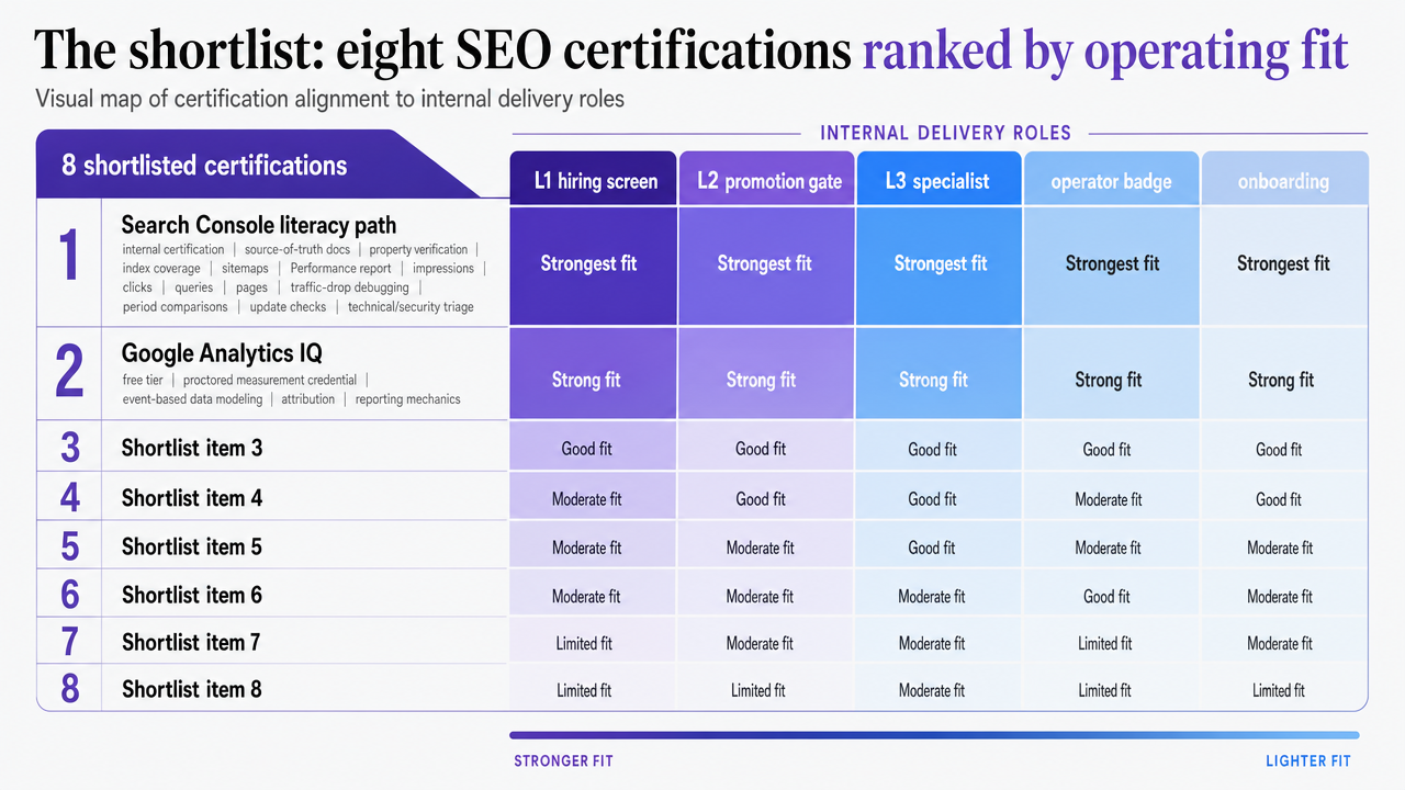 Give readers a visual map of how the eight shortlisted certifications align to internal delivery roles (L1 hiring screen, L2 promotion gate, L3 specialist, operator badge, onboarding), reinforcing the section's ranking-by-operating-fit thesis