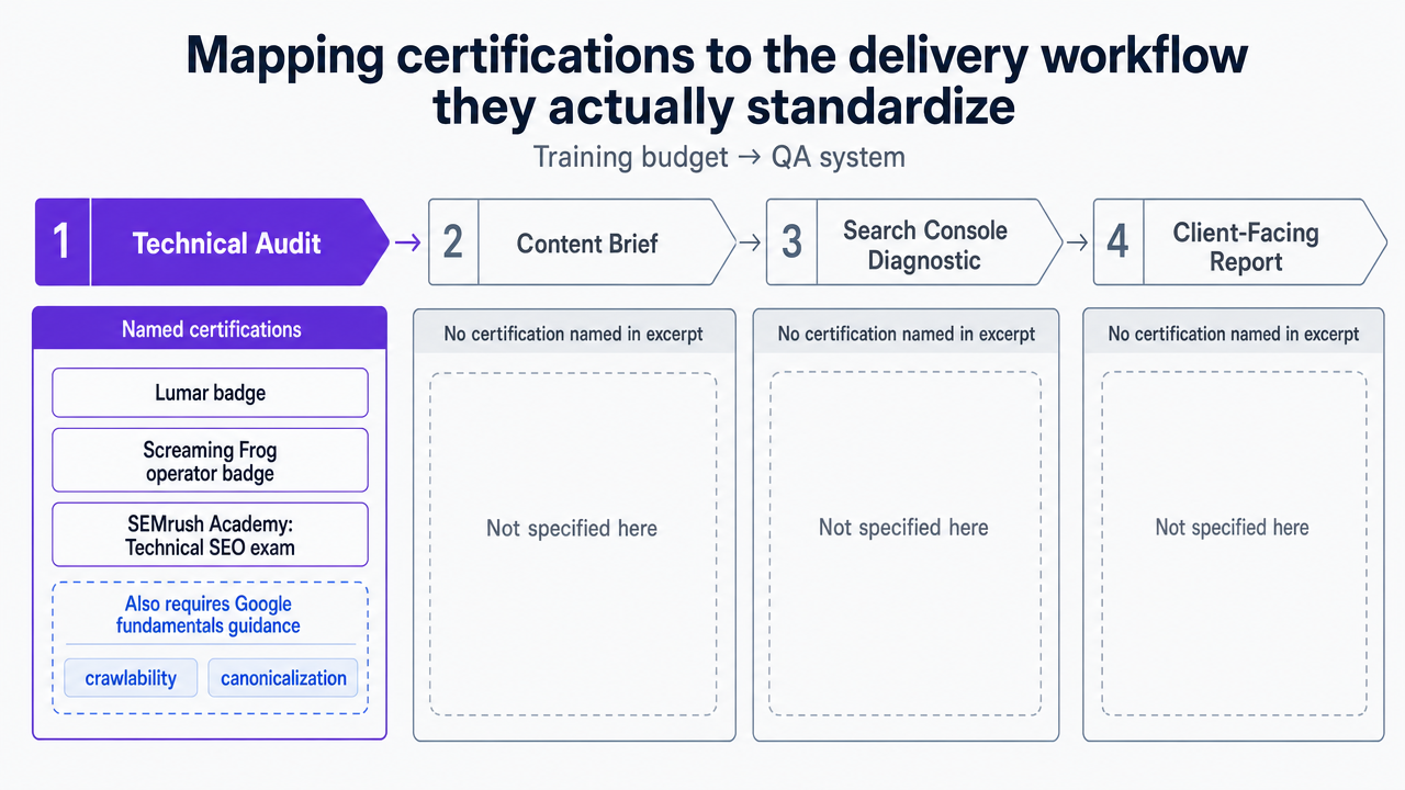 Visualize the four-step delivery workflow (Technical Audit → Content Brief → Search Console Diagnostic → Client-Facing Report) with the certifications that standardize each step, directly reinforcing the section's mapping argument