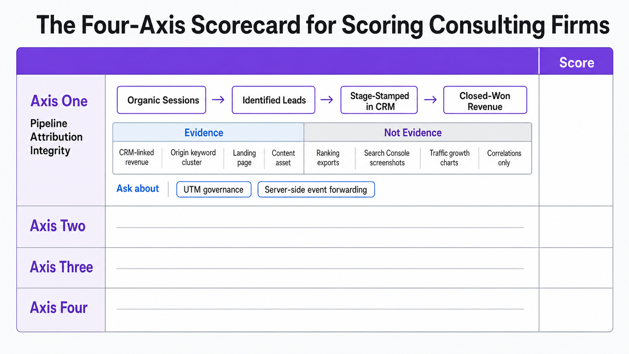 Visualize the four evaluation axes as a structured scorecard framework that readers can use directly when assessing vendors, mirroring the section's explicit rubric