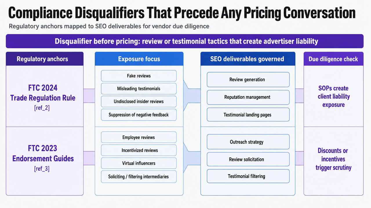 Map the regulatory anchors cited in the section to the specific SEO deliverables they govern, giving readers a reference table for vendor due diligence