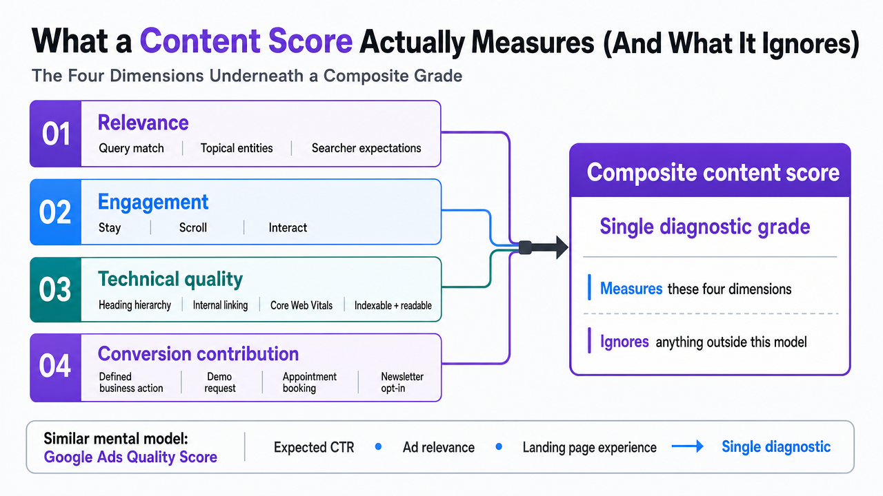 Visualize the four composite dimensions of an SEO content score described in the section, showing how they roll into a single diagnostic grade