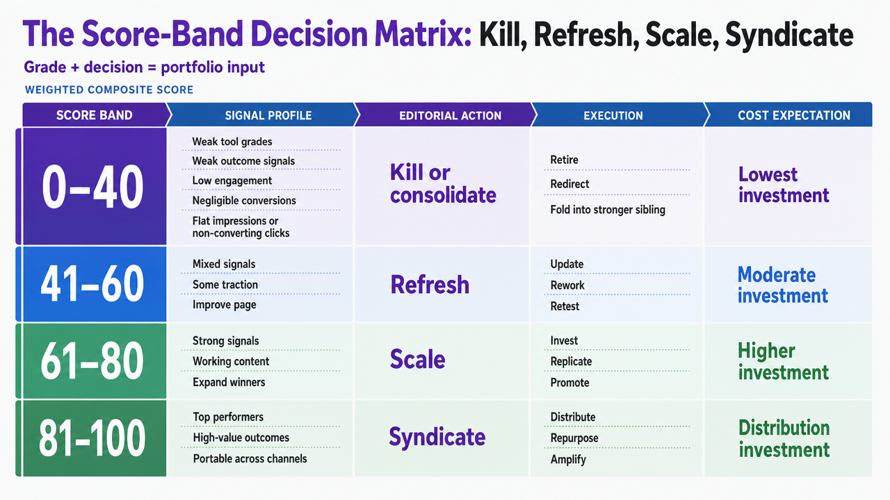 Translate the four score bands and their editorial actions into a scannable decision matrix that mirrors the section's framework