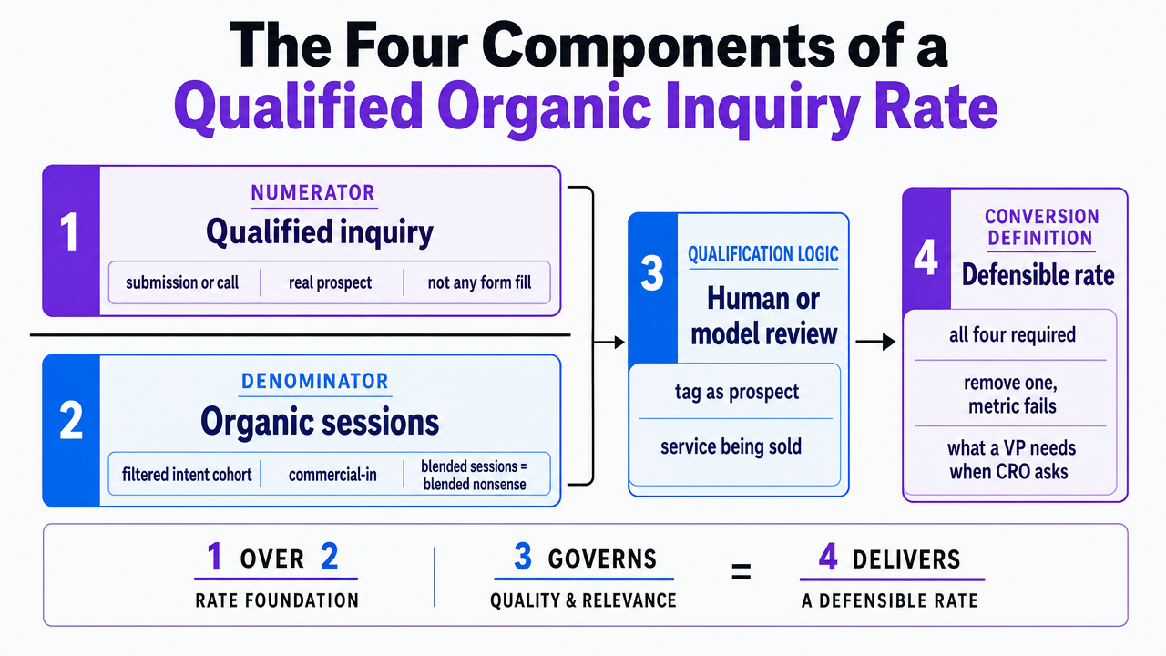 Visualize the four non-negotiable components of a defensible organic conversion rate definition, directly supporting the section's framework