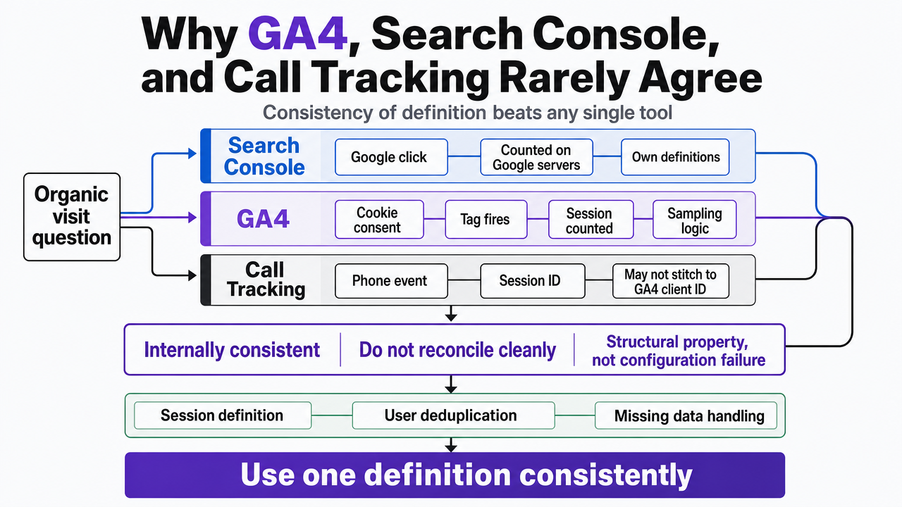 Show the reconciliation hierarchy across three measurement tools, supporting the section's argument that consistency of definition beats accuracy of any single tool