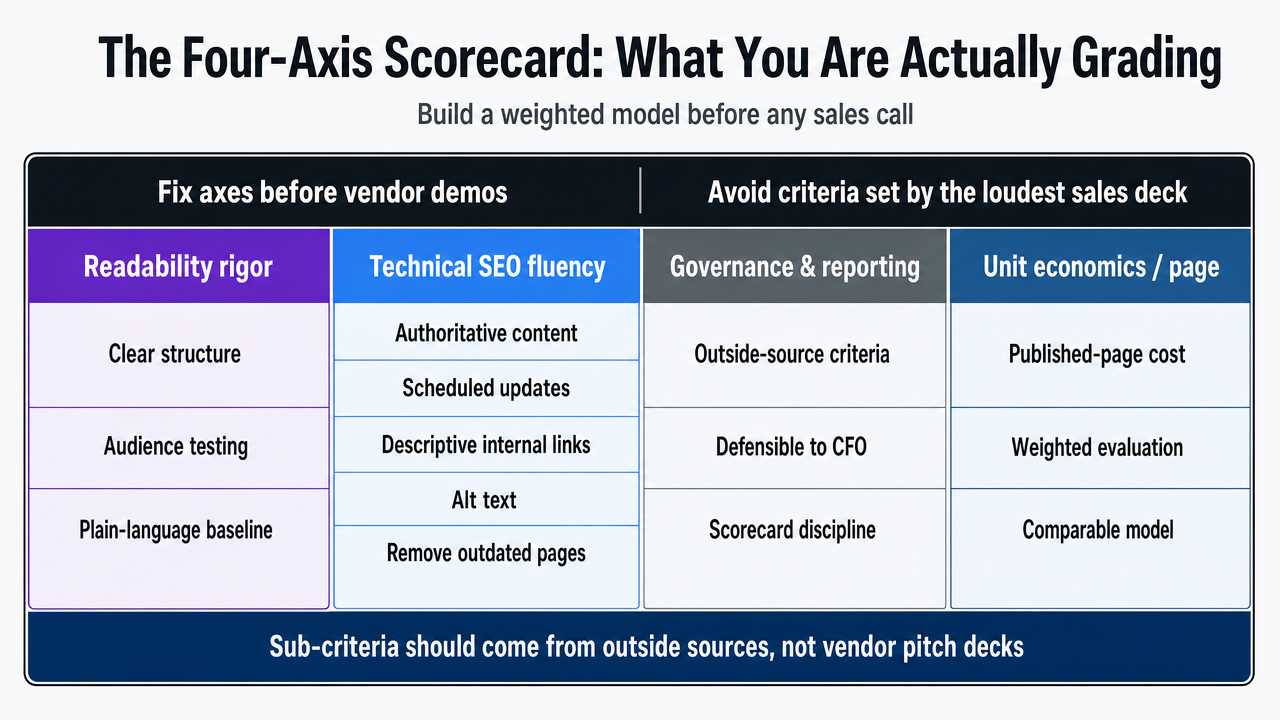 Visualize the four evaluation axes framework introduced in this section as a scorecard structure, giving readers a reference model for the rest of the article