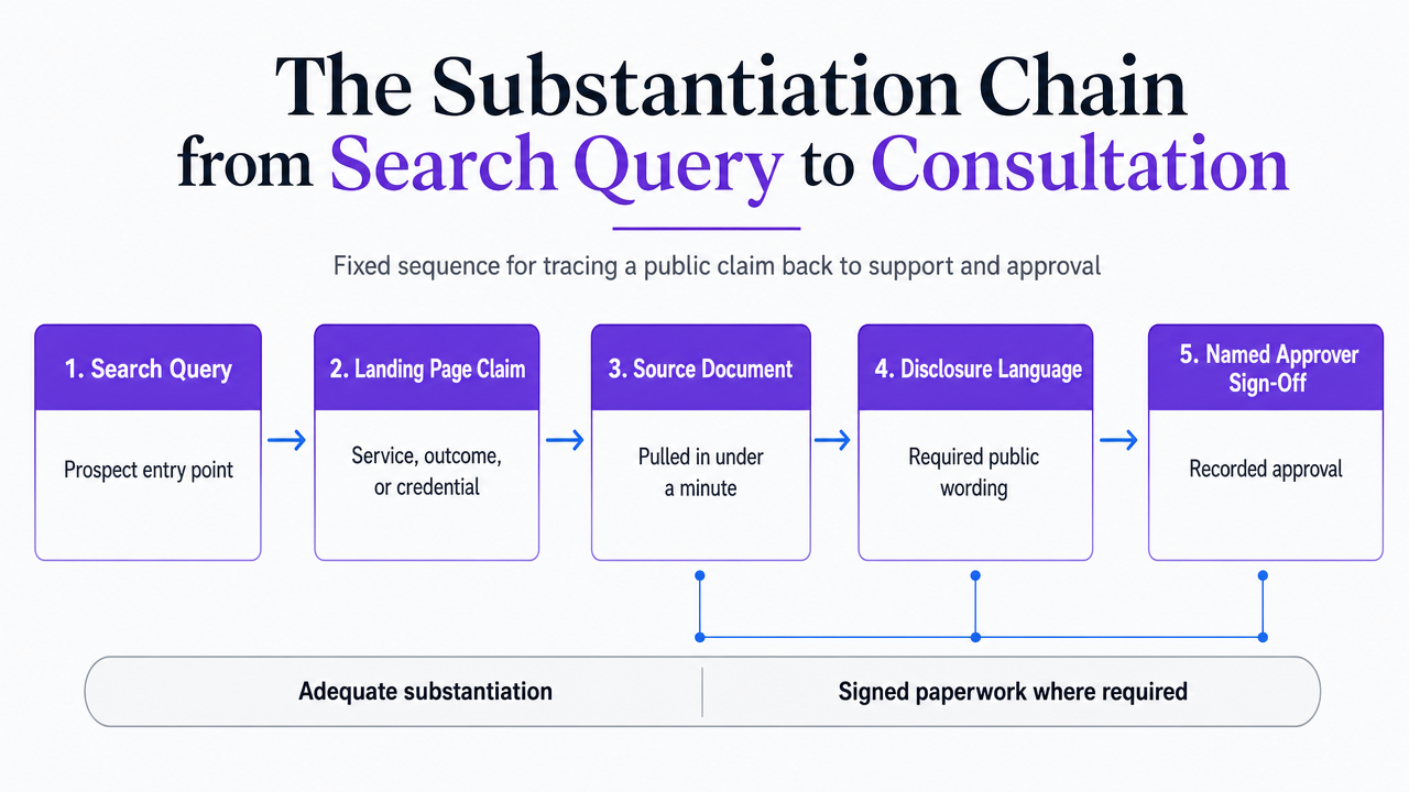 Visualize the fixed sequence described in the section: search query to landing page claim to source document to disclosure language to named approver sign-off